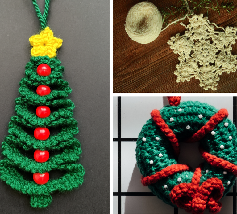 Gehäkelter Weihnachtsbaum mit roten Perlen und gelbem Stern, daneben ein cremefarbener Häkelstern und ein grüner Kranz mit roter Schleife. | © Canva, ChatGPT [M]