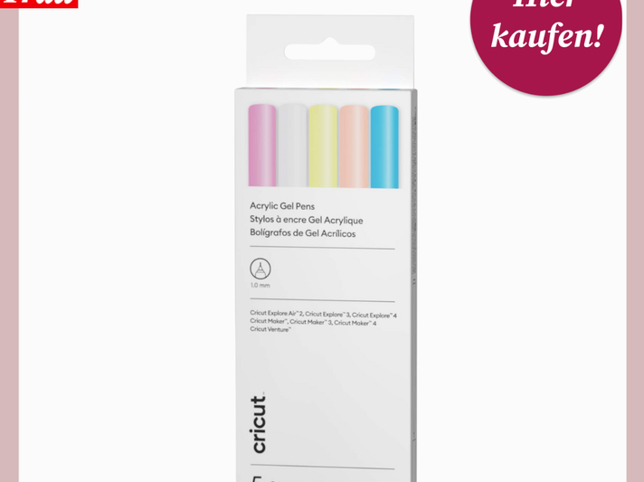 Verpackung mit fünf Acryl-Gelstiften in Pastellfarben steht auf weißem Hintergrund mit "Hier kaufen!"-Button oben rechts. | ©  Cricut