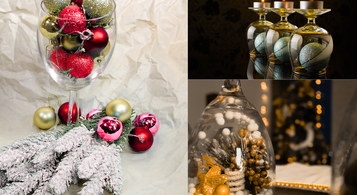 Drei dekorierte Weingläser mit Kerzen, Kugeln und Tannenzweigen auf hellem und dunklem Untergrund in festlicher Weihnachtsstimmung.
