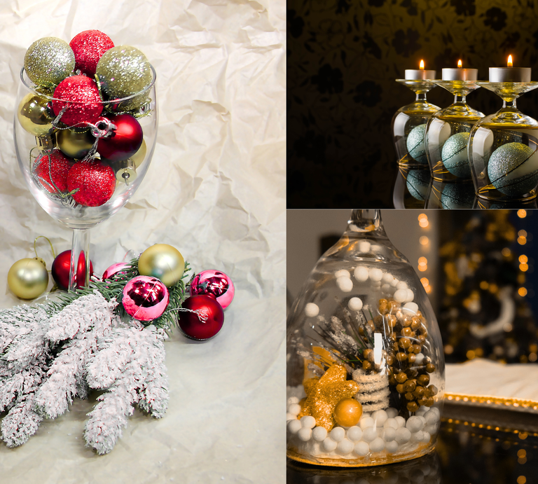 Drei dekorierte Weingläser mit Kerzen, Kugeln und Tannenzweigen auf hellem und dunklem Untergrund in festlicher Weihnachtsstimmung. | © Shutterstock/ Aleksey Konstantinovich/Hembert Duarte Anteliz/ Valeriia Burbeza/Canva/Collage:bildderfrau.de