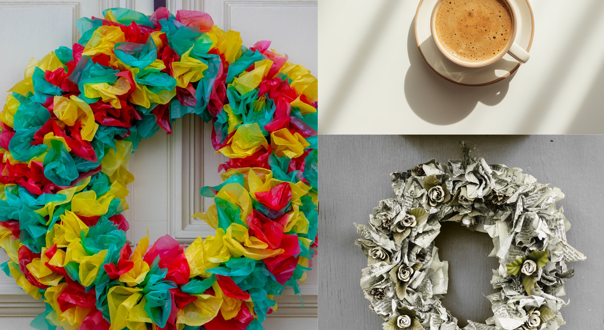 Bunter Türkranz aus gelbem, rotem und grünem Papier hängt an weißer Tür, daneben Kranz aus Zeitungspapier und Tasse Kaffee.