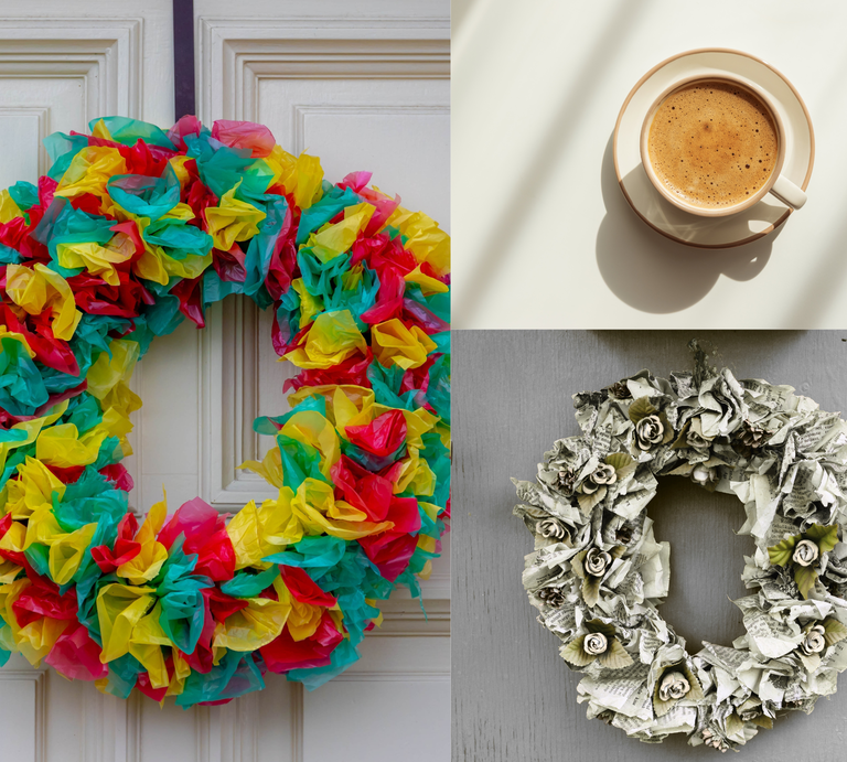 Bunter Türkranz aus gelbem, rotem und grünem Papier hängt an weißer Tür, daneben Kranz aus Zeitungspapier und Tasse Kaffee. | © Shutterstock/Anna Svet/ Tetiana Shumbasova/ Wut_Moppie/Canva:Collage bildderfrau.de