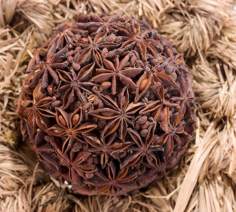 Runde Kugel aus getrocknetem Sternanis und Gewürznelken liegt dekorativ auf einem Nest aus hellem Strohgeflecht | © AdobeStock/kelifamily