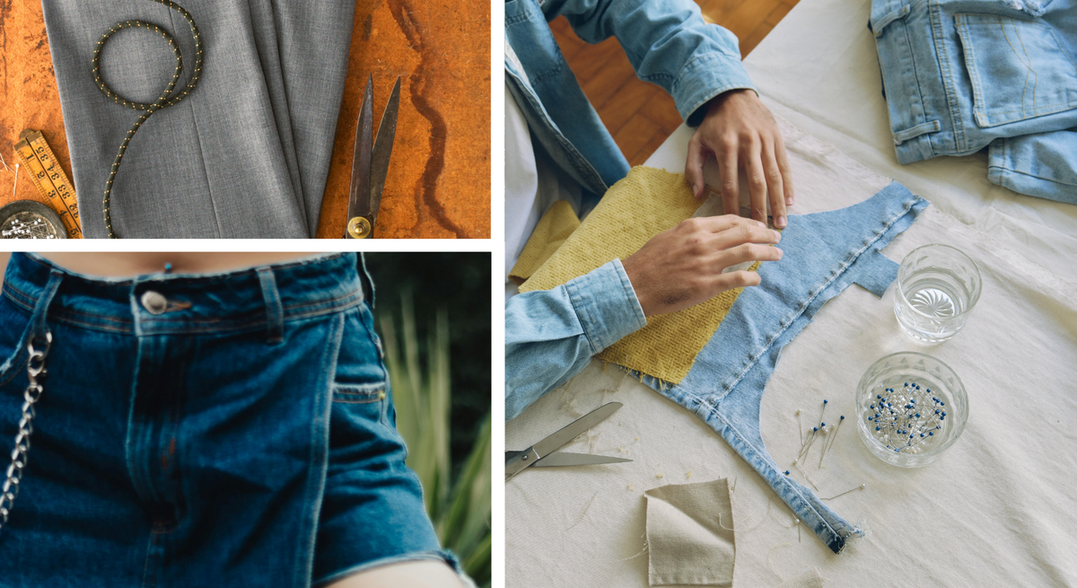 Collage mit Nahaufnahme eines Jeansrocks, einem Schneider bei der Arbeit und grauem Stoff mit Maßband und Schere auf Arbeitstisch.