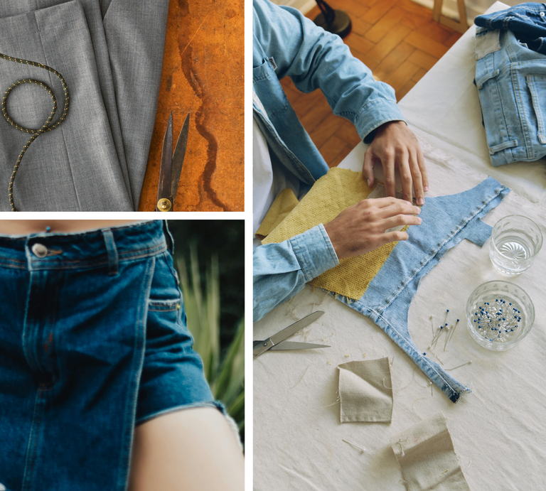 Collage mit Nahaufnahme eines Jeansrocks, einem Schneider bei der Arbeit und grauem Stoff mit Maßband und Schere auf Arbeitstisch. | © Canva [M]