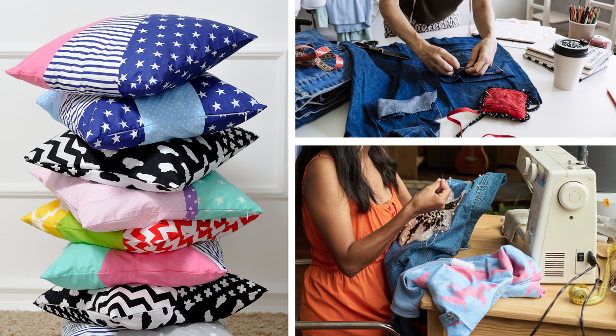 Bunte Collage mit gestapelten Patchwork-Kissen links und zwei Frauen rechts, die kreative Jeansstücke per Hand und Maschine nähen.