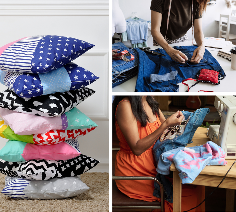 Bunte Collage mit gestapelten Patchwork-Kissen links und zwei Frauen rechts, die kreative Jeansstücke per Hand und Maschine nähen. | © Canva [M]