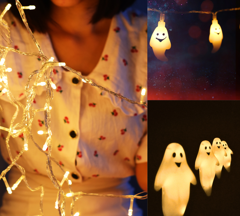 Geister-Lichterkette basteln: Junge Frau in geblümter Bluse hält warm leuchtende Lichterkette, daneben kleine lachende Geisterlichter vor dunklem Hintergrund. | © Shutterstock/Sayfar/Colleen Fenwick Dutcher/ tomertu/Canva/Collage:bildderfrau.de