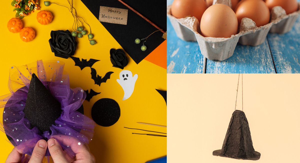 Bastelset für Halloween mit Hexenhut, braune Eier in Pappe und selbstgemachter schwarzer Hut aus Eierkarton vor beigem Hintergrund.