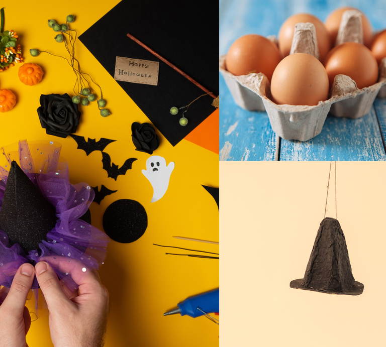 Bastelset für Halloween mit Hexenhut, braune Eier in Pappe und selbstgemachter schwarzer Hut aus Eierkarton vor beigem Hintergrund. | © Shutterstock/  Yevgen Kravchenko/Elena Chevalier/Canva/Collage:bildderfrau.de