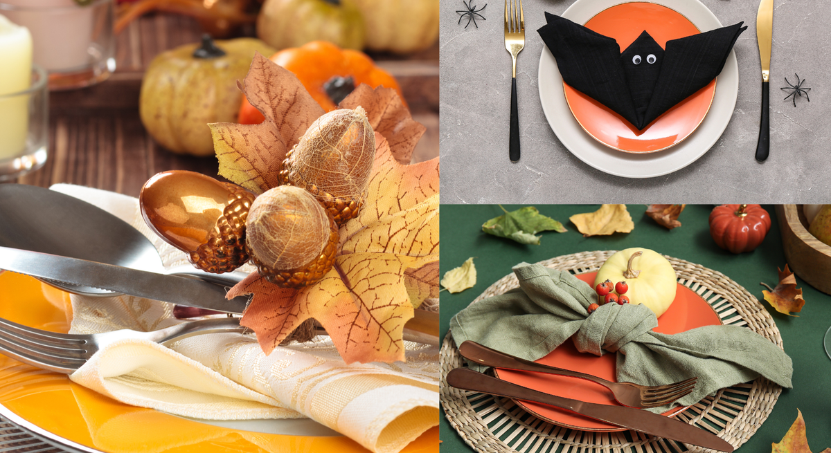 Herbstlich dekorierte Tische mit Kürbissen, Blättern, goldfarbenem Besteck und kunstvoll gefalteten Servietten in warmen Farbtönen.