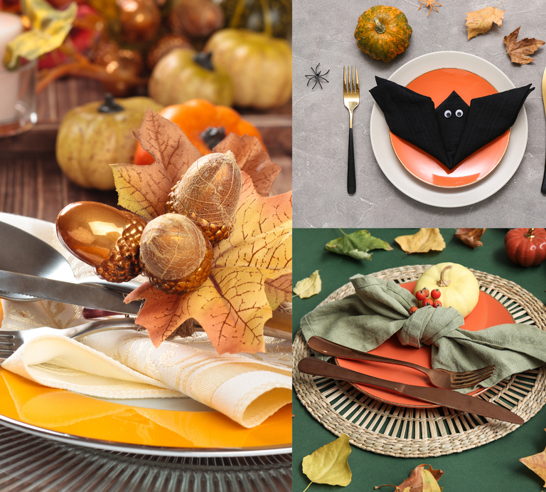 Herbstlich dekorierte Tische mit Kürbissen, Blättern, goldfarbenem Besteck und kunstvoll gefalteten Servietten in warmen Farbtönen. | © Shutterstock/ Vitalina Rybakova/ Pixel-Shot/Canva/Collage:bildderfrau.de