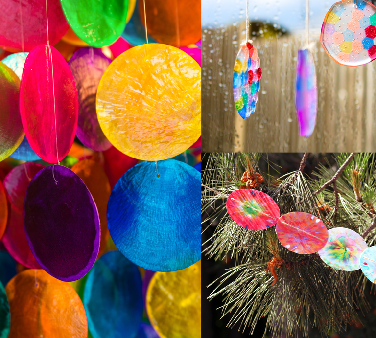 Bunte, durchscheinende Sonnenfänger aus Gelatine hängen in verschiedenen Farben an Zweigen, Fenstern und Schnüren. | © Shutterstock/Stor24/Roman Zaiets/Olga Bondas/Canva/Collage:bildderfrau.de