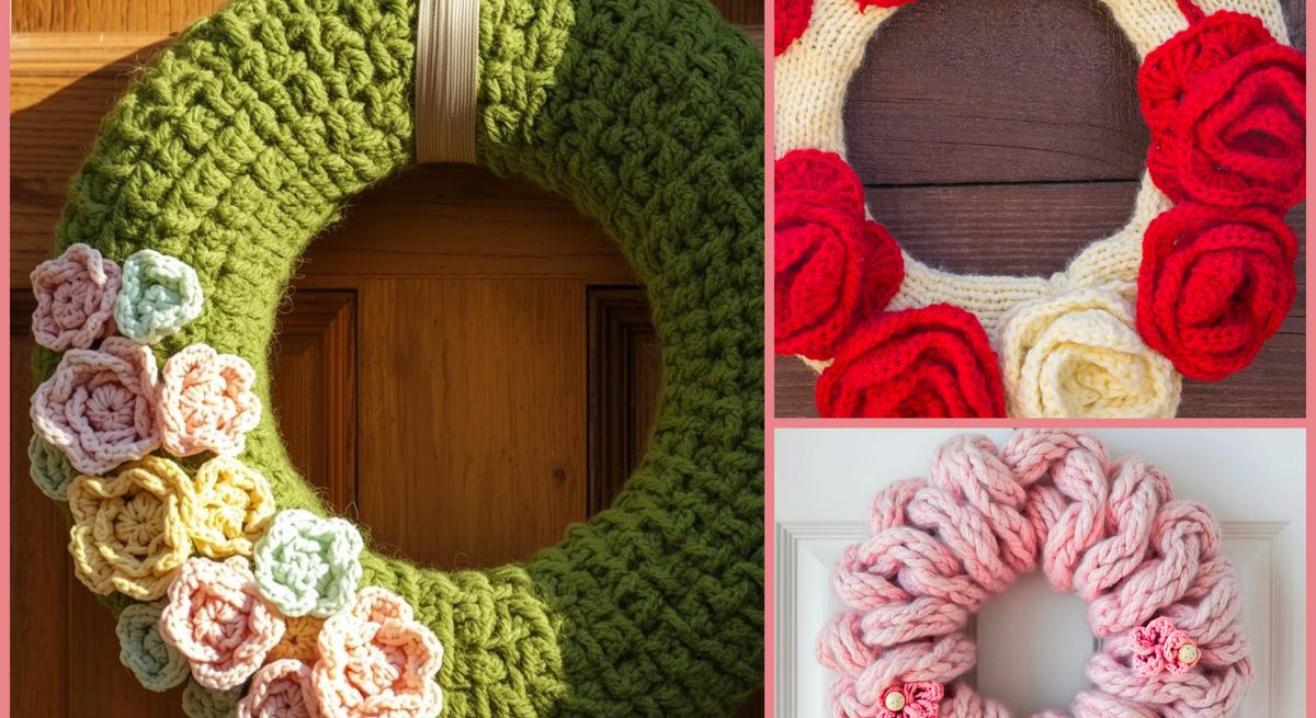 Collage mit drei handgefertigten Türkränzen, darunter grüner Kranz mit pastellfarbenen Blumen vor Holz, roter Kranz vor braunem Holz und rosa Kranz vor weißer Tür.