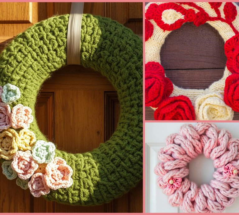 Collage mit drei handgefertigten Türkränzen, darunter grüner Kranz mit pastellfarbenen Blumen vor Holz, roter Kranz vor braunem Holz und rosa Kranz vor weißer Tür. | © Canva / ChatGPT [M]