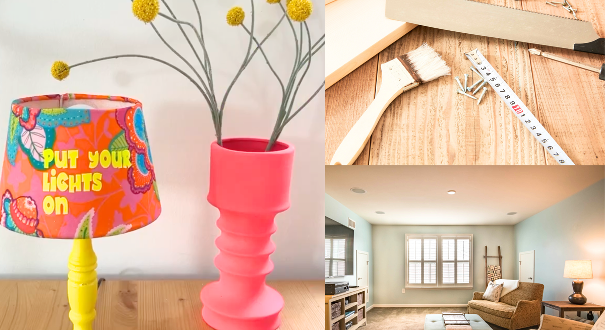 Bunte Lampe und pinke Vase auf Holztisch, daneben Werkzeuge für Heimwerken und ein helles, gemütliches Wohnzimmer mit Sofa.