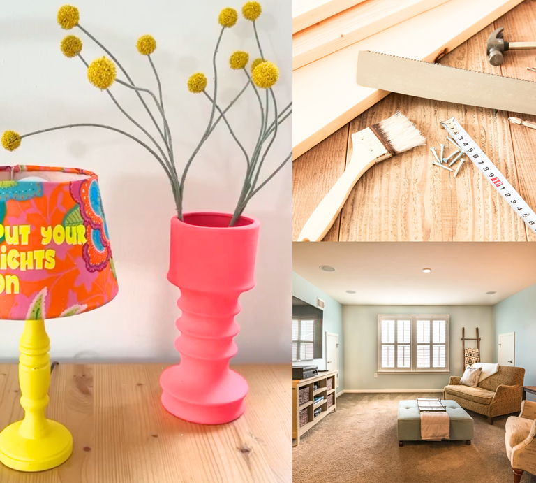 Bunte Lampe und pinke Vase auf Holztisch, daneben Werkzeuge für Heimwerken und ein helles, gemütliches Wohnzimmer mit Sofa. | © BILDderFRAU/ Kristina Fierro Abella/Canva/Collage:bildderfrau.de