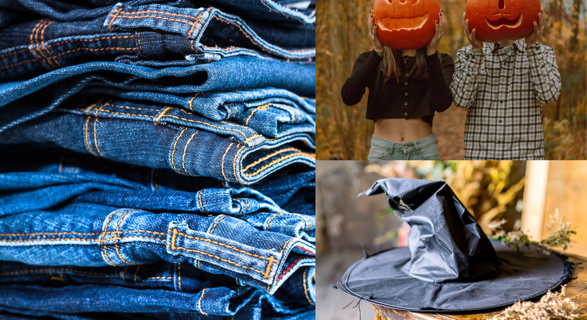 Ein Stapel blauer Jeans, zwei junge Menschen mit Kürbisköpfen im herbstlichen Wald und ein schwarzer Hexenhut auf Holzstuhl.