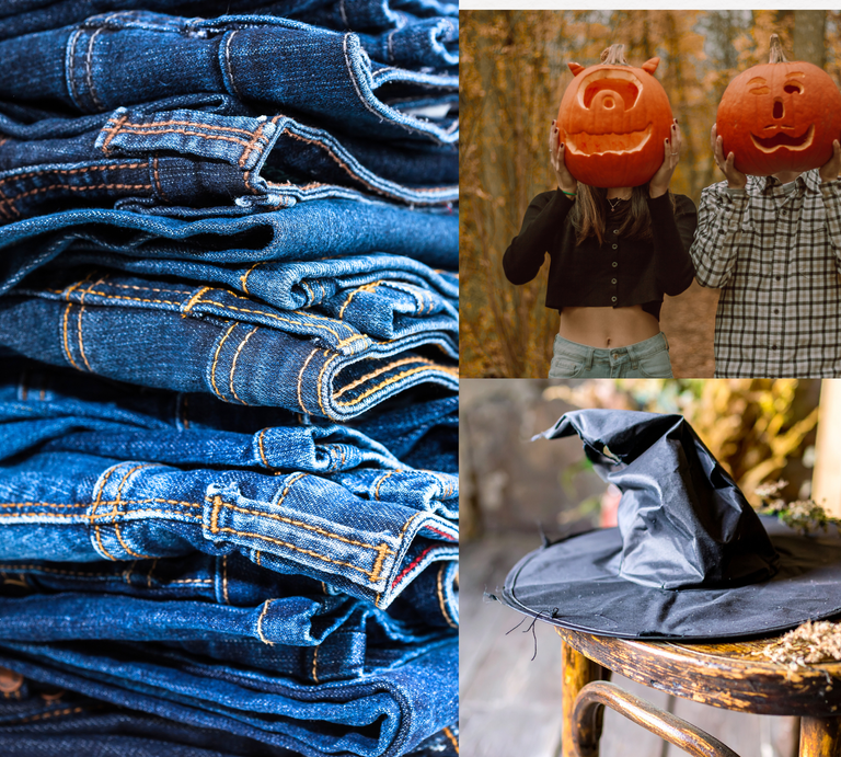 Ein Stapel blauer Jeans, zwei junge Menschen mit Kürbisköpfen im herbstlichen Wald und ein schwarzer Hexenhut auf Holzstuhl. | © Canva/Collage:bildderfrau.de