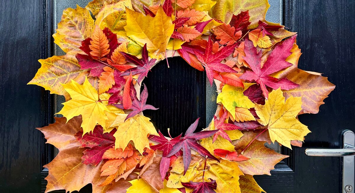 Bunter Herbstkranz aus gelben, roten und braunen Blättern hängt dekorativ an einer glänzend schwarzen Haustür.