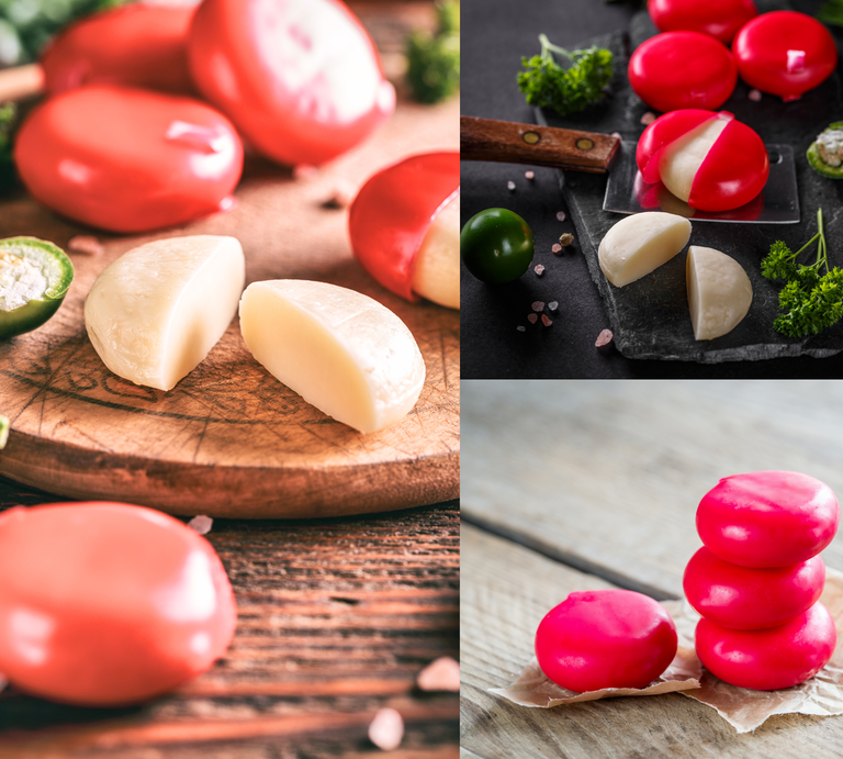 Runde Mini-Käselaibe mit rotem Wachs, teils aufgeschnitten, liegen gestapelt oder auf Brettern mit Kräutern, Chili und Salz. | © Canva/Collage:bildderfrau.de