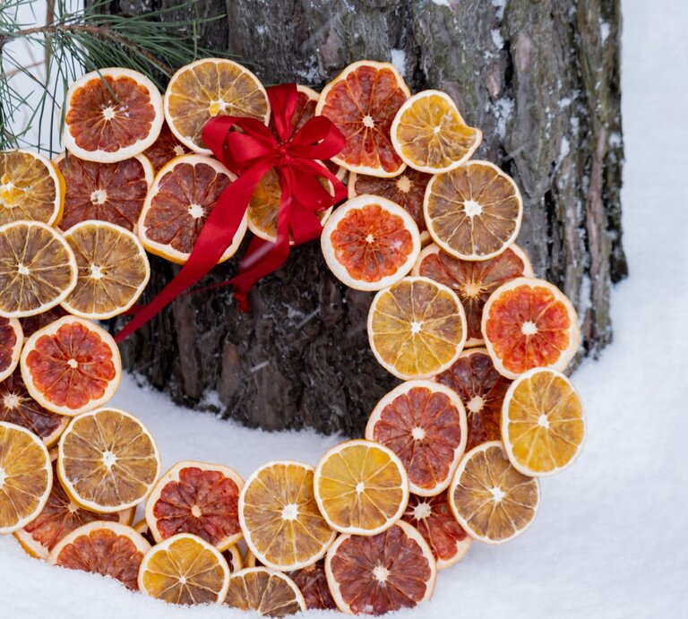 Türkranz aus getrockneten Orangenscheiben mit roter Schleife lehnt an verschneitem Baumstamm neben grünen Kiefernzweigen. | © Shutterstock/yanishevska