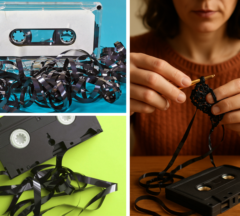 Kreative Bildcollage mit verknäultem Bandmaterial: Frau häkelt aus Videoband, Audiokassette und VHS-Kassette liegen chaotisch. | © Canva / ChatGPT [M]
