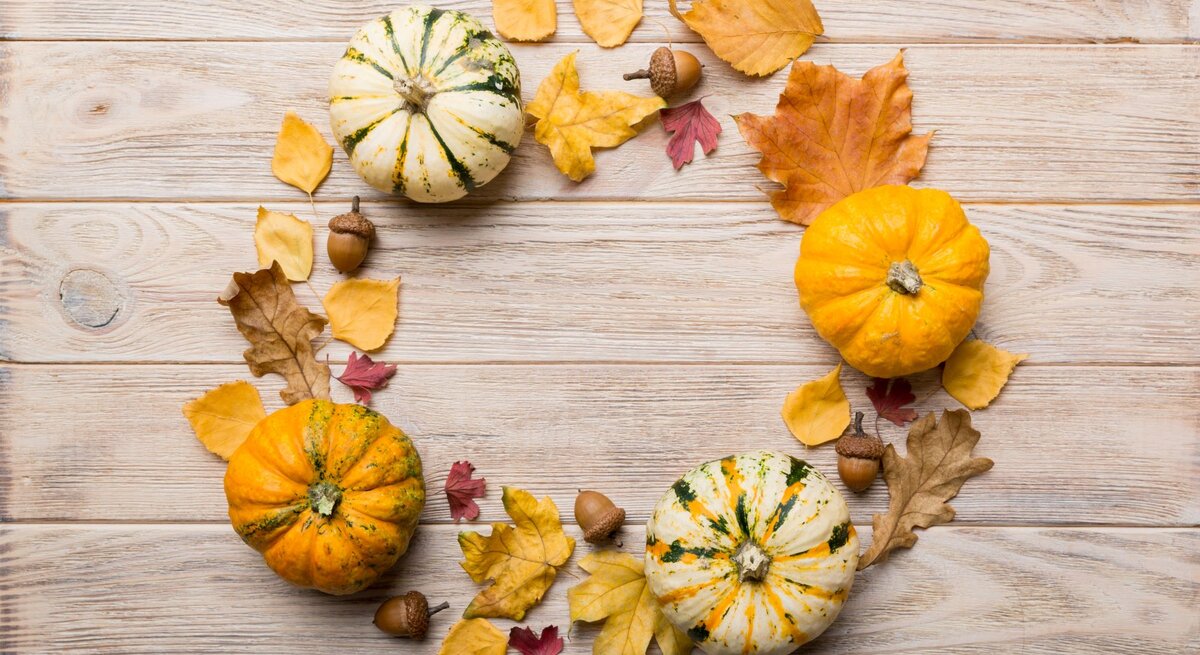 Vier kleine Zierkürbisse liegen im Kreis aus bunten Herbstblättern und Eicheln auf hellem, rustikalem Holzuntergrund.