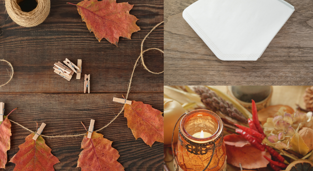 Herbstliche DIY-Deko mit Ahornblättern, Juteschnur und Klammern auf dunklem Holz, Weiße Kaffeefilter auf Holzuntergrund, Teelicht im Vintageglas zwischen Chilischoten und Trockenblumen, Ahornblätter an Juteschnur mit Bastelmaterialien arrangiert, Brennendes Windlicht zwischen getrocknetem Herbstdekor, Juteschnur, Kaffeefilter und Herbstblätter auf rustikalem Tisch.