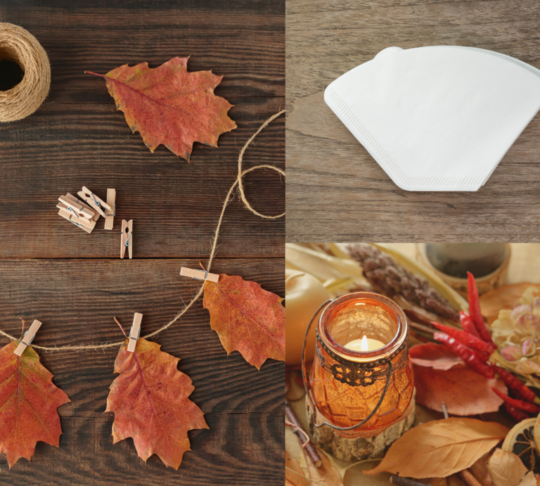 Herbstliche DIY-Deko mit Ahornblättern, Juteschnur und Klammern auf dunklem Holz, Weiße Kaffeefilter auf Holzuntergrund, Teelicht im Vintageglas zwischen Chilischoten und Trockenblumen, Ahornblätter an Juteschnur mit Bastelmaterialien arrangiert, Brennendes Windlicht zwischen getrocknetem Herbstdekor, Juteschnur, Kaffeefilter und Herbstblätter auf rustikalem Tisch. | © Canva/Collage:bildderfrau.de