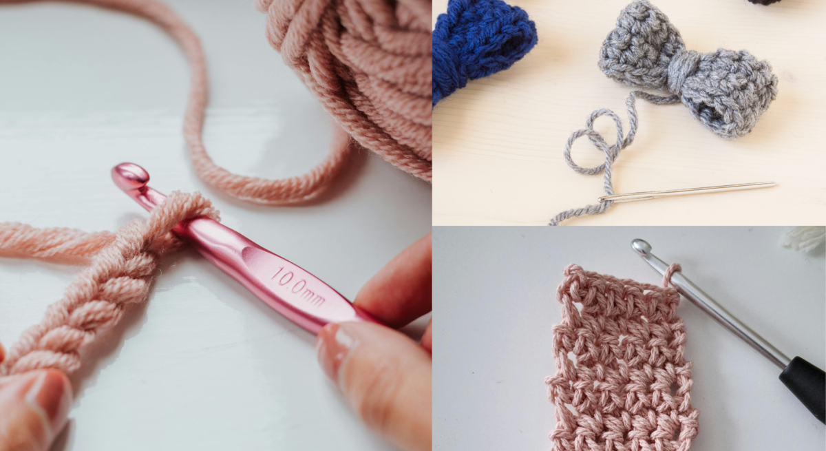 Drei Szenen zeigen rosa Häkelarbeit mit Nadel, fertige Schleifen in Grau und Blau sowie ein halbfertiges Häkelstück auf weißem Tisch.