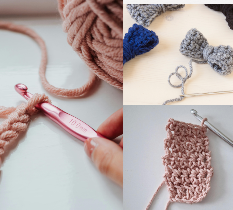Drei Szenen zeigen rosa Häkelarbeit mit Nadel, fertige Schleifen in Grau und Blau sowie ein halbfertiges Häkelstück auf weißem Tisch. | © Canva/Collage:bildderfrau.de