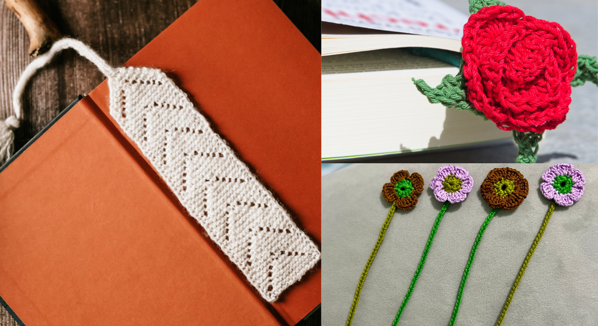 Gehäkelte Lesezeichen in Blumen- und Zickzackoptik liegen auf orangefarbenem Buch, grauem Stoff und aufgeschlagenem Taschenbuch.
