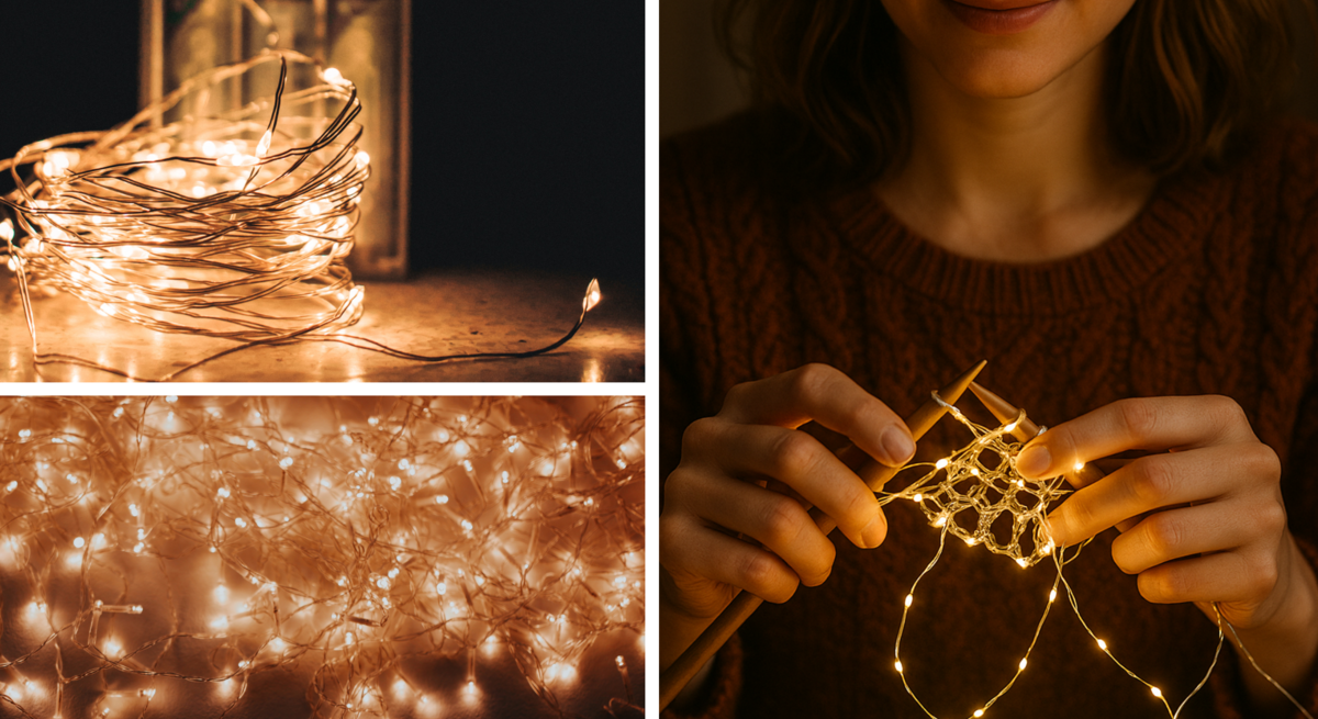 Junge Frau in braunem Strickpullover strickt mit leuchtender Lichterkette, umgeben von warmem, goldenem Licht.
