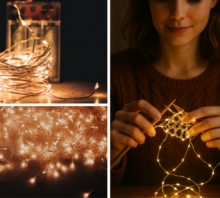 Junge Frau in braunem Strickpullover strickt mit leuchtender Lichterkette, umgeben von warmem, goldenem Licht. | © Canva, ChatGPT [M]