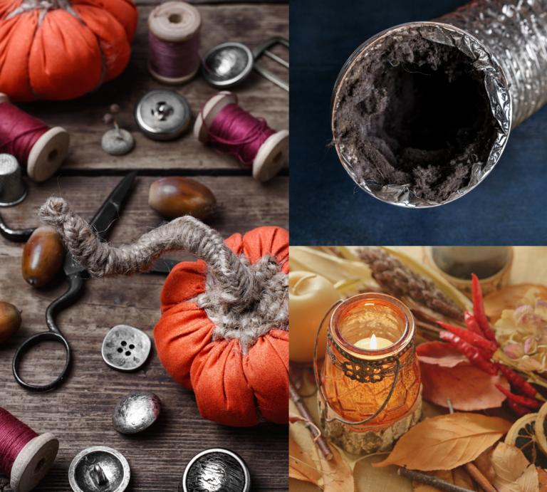 Herbstdeko mit Stoffkürbissen und Garn, Abluftschlauch sowie Kerze im Glas zwischen Blättern und Trockenfrüchten. | © Canva/Collage:bildderfrau.de