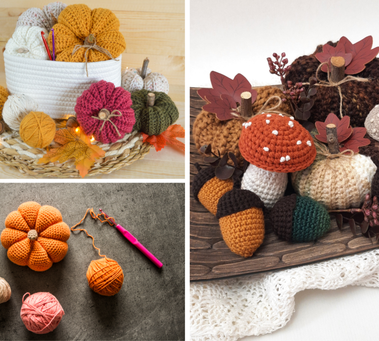 Herbstliche Häkeldeko mit Kürbissen, Eicheln und Pilzen aus Wolle, liebevoll arrangiert auf Holz und Bast mit Lichterkette. | © Canva [M]