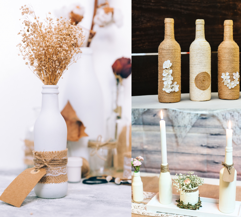 Rustikale Deko mit Jutegarn: Bemalte Flaschen dienen als Vasen, Kerzenhalter oder verziert mit Spitze und Trockenblumen als Tischschmuck. | © Shutterstock/veronica-valentin/ VictoriaArt/Almishots/Canva/Collage:bildderfrau.de