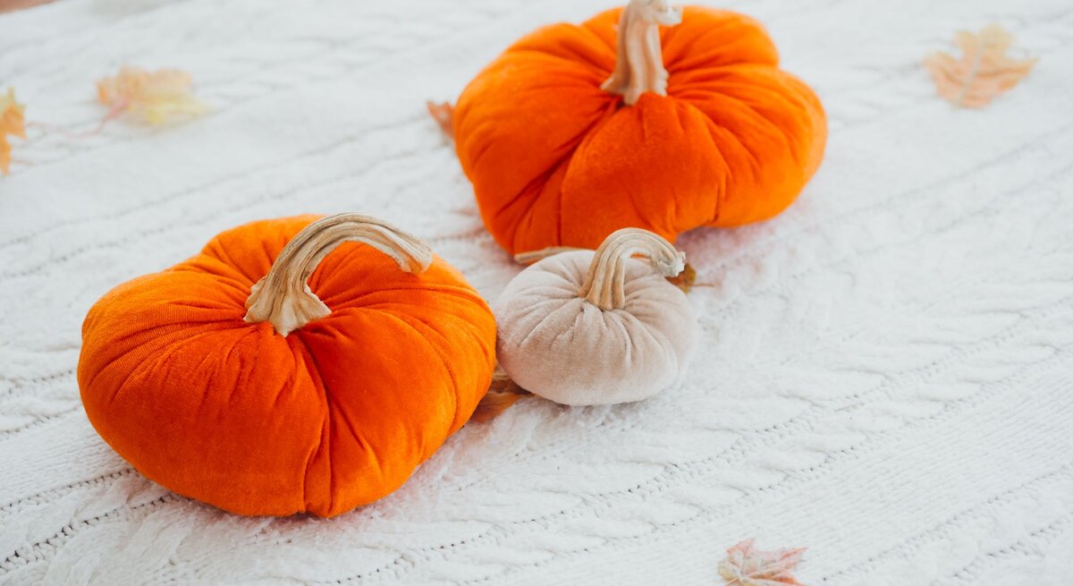 Zwei orangefarbene und ein beiger Zierkürbis aus Strumpfhosen gebastelt, liegen dekorativ auf einer weißen Strickdecke mit Herbstblättern.