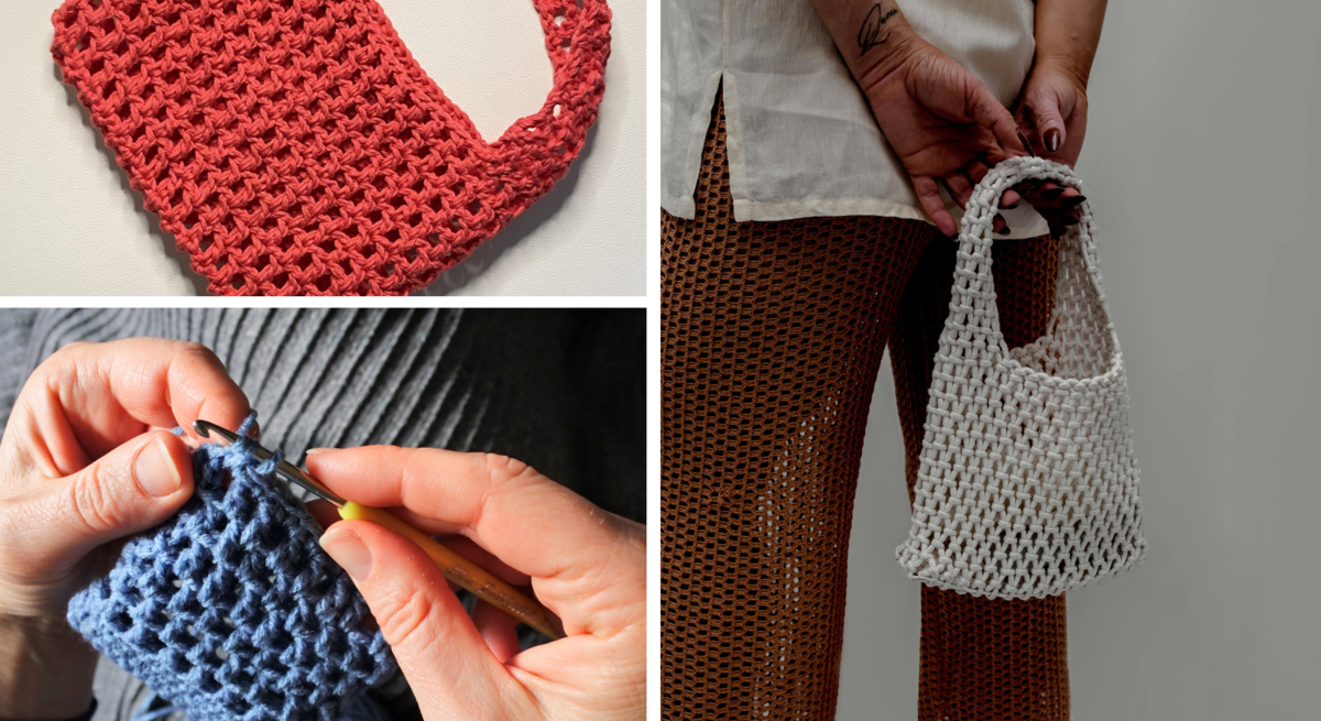 Nahaufnahme von Händen beim Häkeln einer blauen Tasche, darüber rote Tasche auf Weiß, rechts Frau mit weißer Tasche.