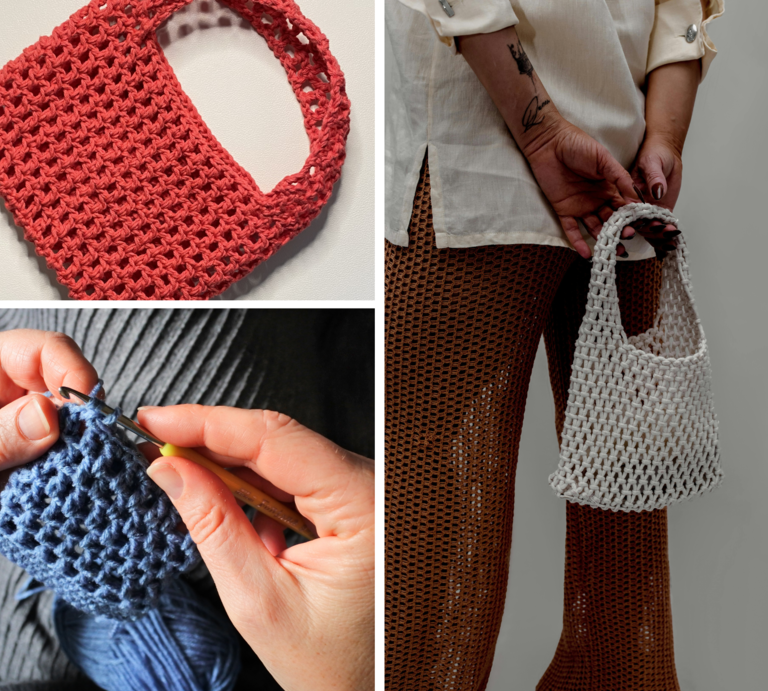 Nahaufnahme von Händen beim Häkeln einer blauen Tasche, darüber rote Tasche auf Weiß, rechts Frau mit weißer Tasche. | © Canva [M]