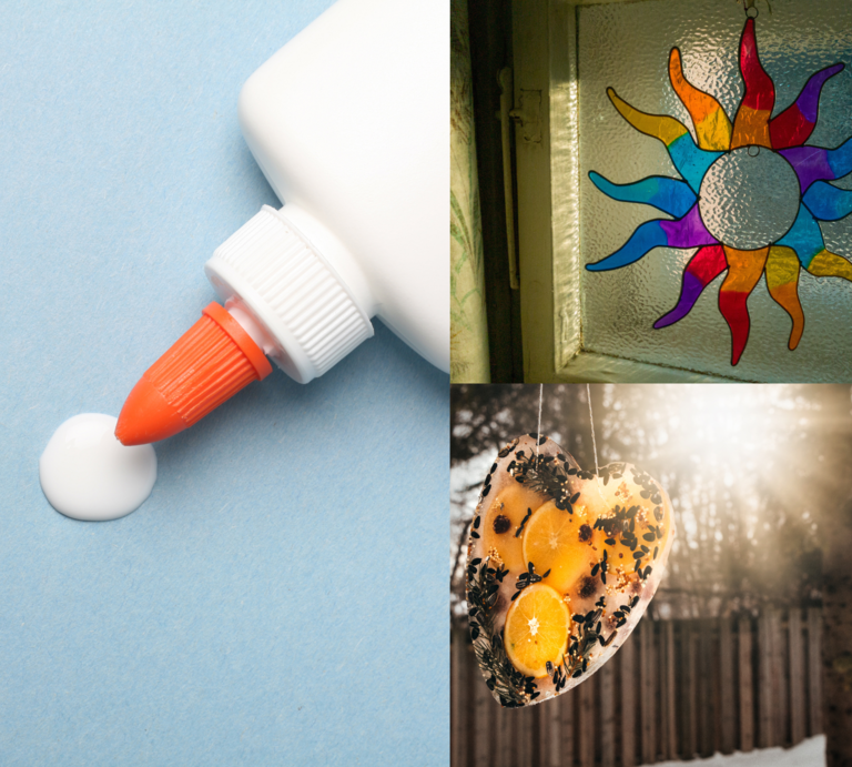 Bastelkleber auf blauem Papier, daneben ein buntes Sonnendekor am Fenster und ein gefrorenes Herz mit Orangenscheiben im Sonnenlicht. | © Canva/Collage:bildderfrau.de