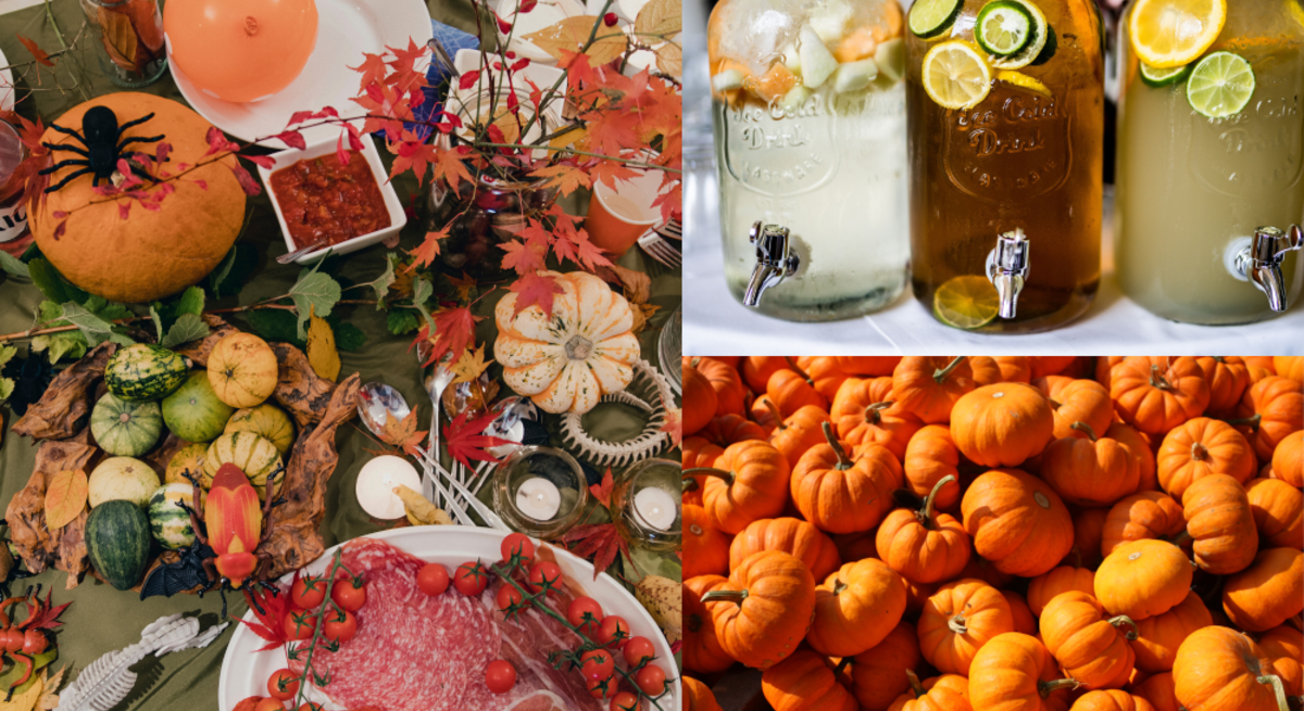 Herbstliches Buffet mit Mini-Kürbissen, Wurstplatte, Ahornblättern und DIY-Kürbis-Getränkespender vor einem Berg leuchtend orangefarbener Kürbisse.