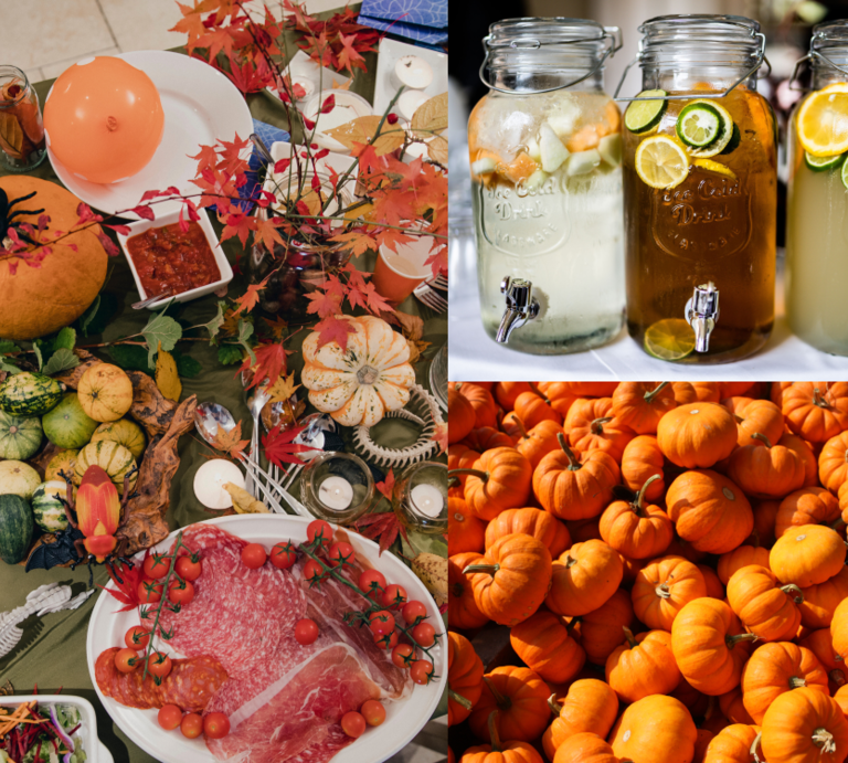 Herbstliches Buffet mit Mini-Kürbissen, Wurstplatte, Ahornblättern und DIY-Kürbis-Getränkespender vor einem Berg leuchtend orangefarbener Kürbisse. | © Canva/Collage:bildderfrau.de