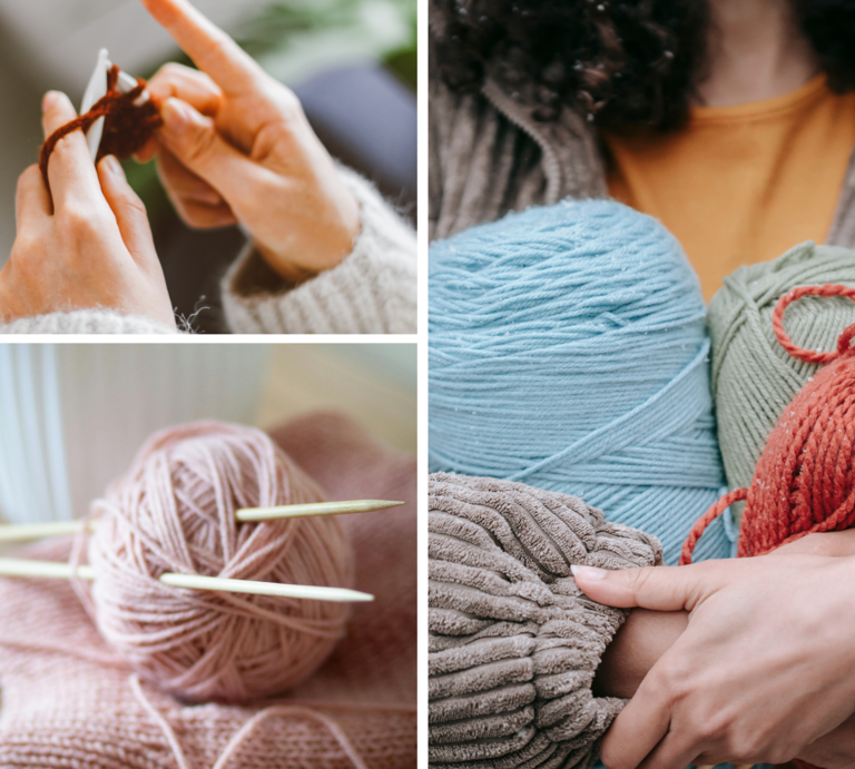 Hände in Strickpullovern häkeln mit brauner Wolle, daneben bunte Wollknäuel in Armen einer Frau mit lockigem Haar. | © Canva [M]