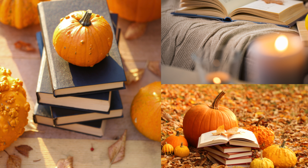 Drei herbstliche Szenen mit Kürbissen und Büchern: auf Laub, Holz und Strickdecke, teils mit Kerze, offen und stimmungsvoll arrangiert.