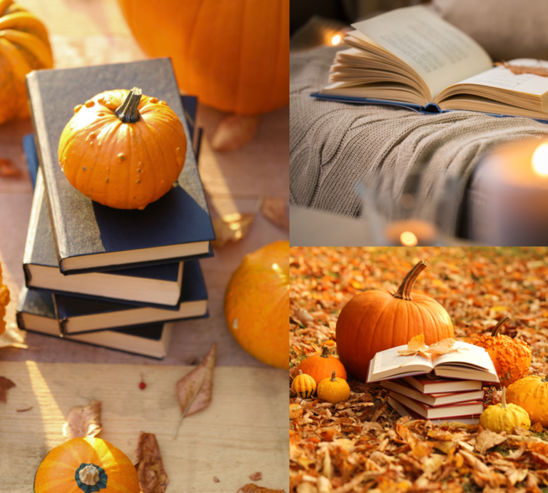 Drei herbstliche Szenen mit Kürbissen und Büchern: auf Laub, Holz und Strickdecke, teils mit Kerze, offen und stimmungsvoll arrangiert. | © Canva/Collage: bildderfrau.de