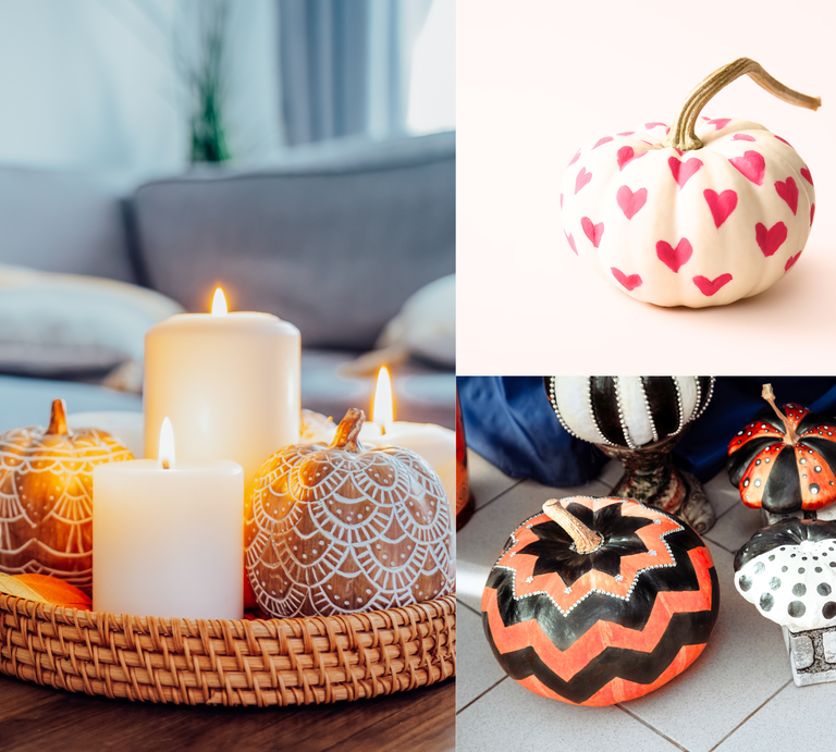 Verschieden verzierte Zierkürbisse mit Spitzenmustern, Herzen und Punkten liegen dekorativ mit Kerzen in einem gemütlichen Wohnzimmer. | © Shutterstock/ Okrasiuk/Pixel-Shot/Viktoria UA/Canva/Collage:bildderfrau.de