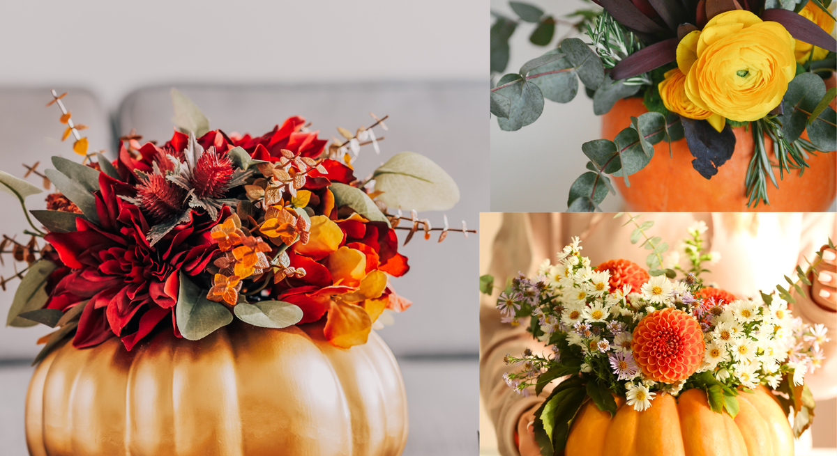 Herbstliche Blumenarrangements in drei Kürbissen mit roten, gelben und weißen Blüten auf hellem Tisch und vor neutralem Hintergrund.
