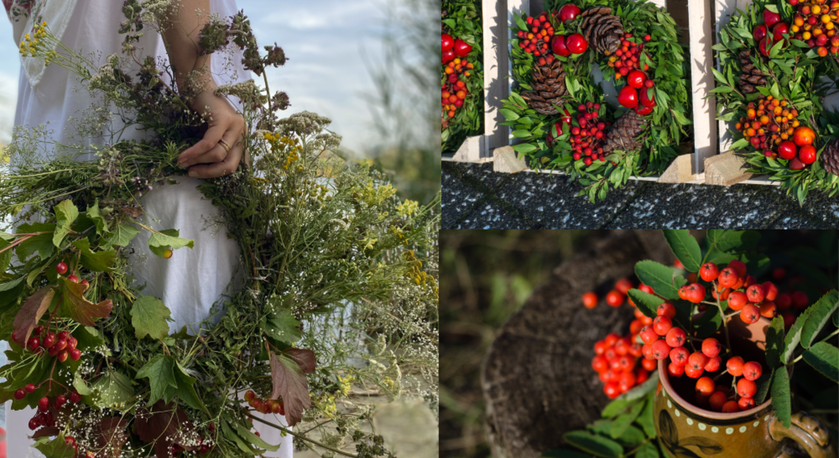 Junge Frau im weißen Kleid hält blumige Herbstkränze, daneben liegen Kränze mit Beeren und Zapfen sowie ein Becher mit Vogelbeeren.